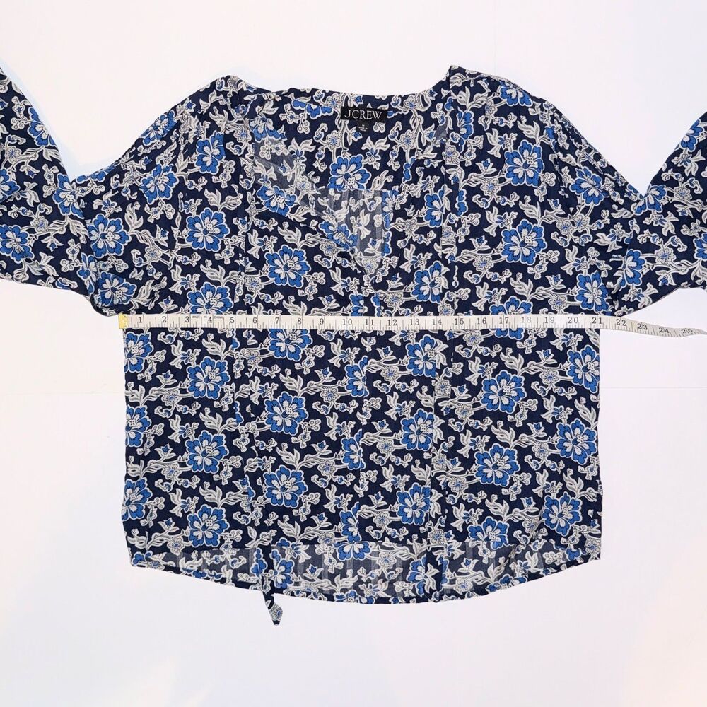 J.Crew V Neck Tie Top Floral Cotton Blend Dobby Blue Floral Long Puff Sleeve M - Picture 9 of 14